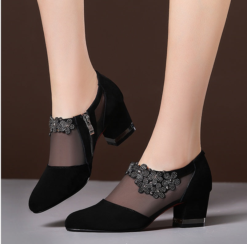 Mesh pointed toe zipper high heel women's shoes