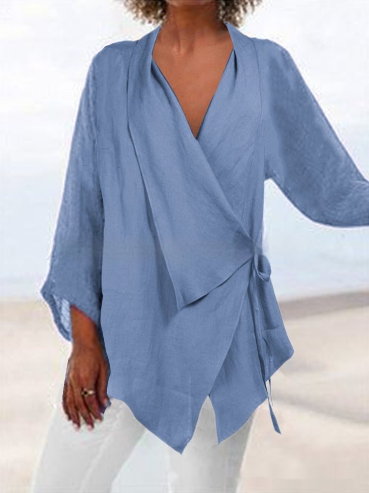 Pure Color Tied Irregular Hem Cotton Linen Women's Casual Top