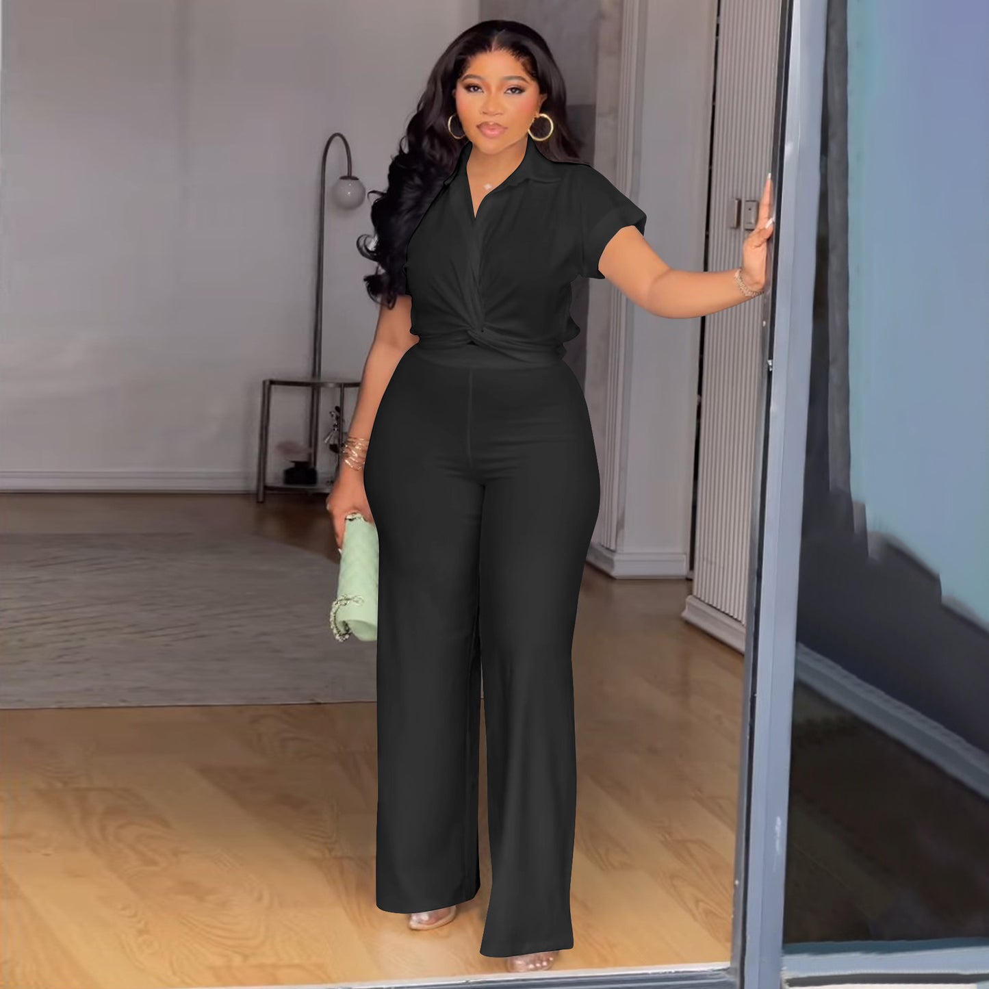 Plus-size Womens Solid-color Short-sleeve Shirt And High-waist Casual Pants Two-piece Set