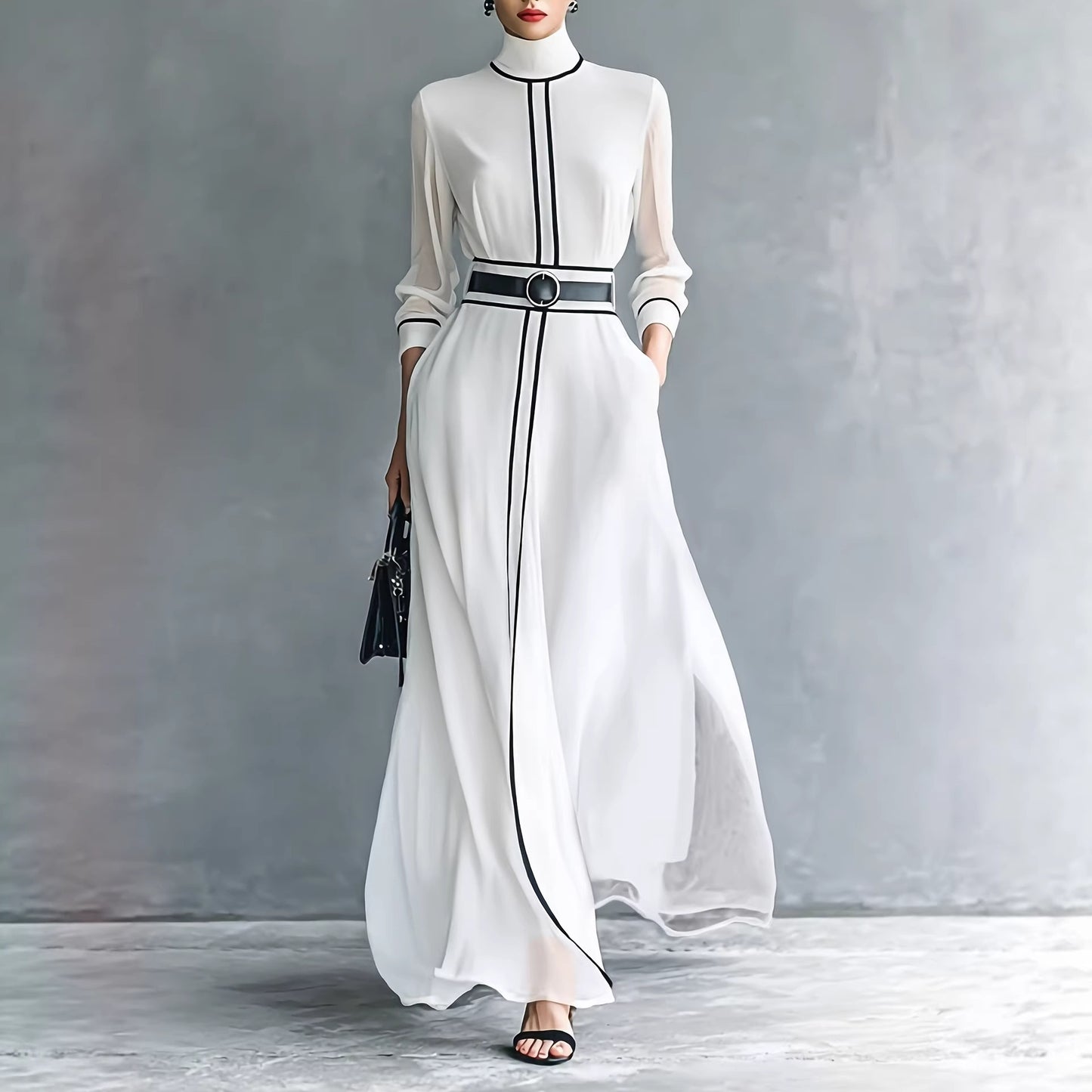 Elegant Contrast-color Dress With A High Neck And A Long Chiffon Design