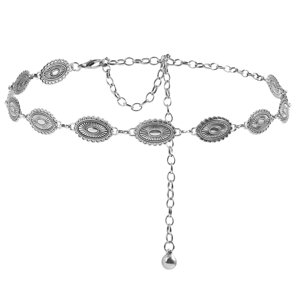 Retro National Style Carved Ancient Gold And Silver Metal Waist Chain Sexy Elegant Women's Dress Senior Sense Decorative Belt