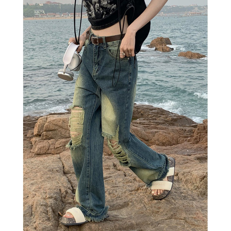 Nostalgiske Brede Løse Lige Denim Gulvlange Bukser