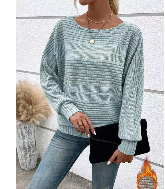 Ensfarvet Stribet Batwing-ærmer T-shirt Mode Casual Pullover Rund Hals Langærmet Top Forår Og Efterår Dametøj