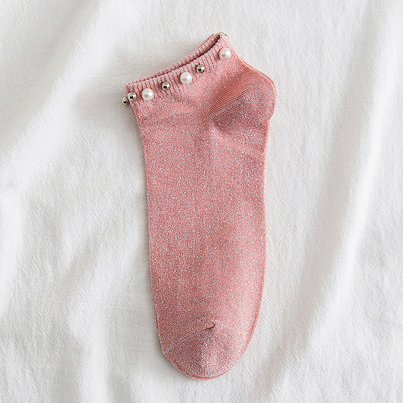 New Female Handmade Beaded Silver Silk Pearl Boat Socks