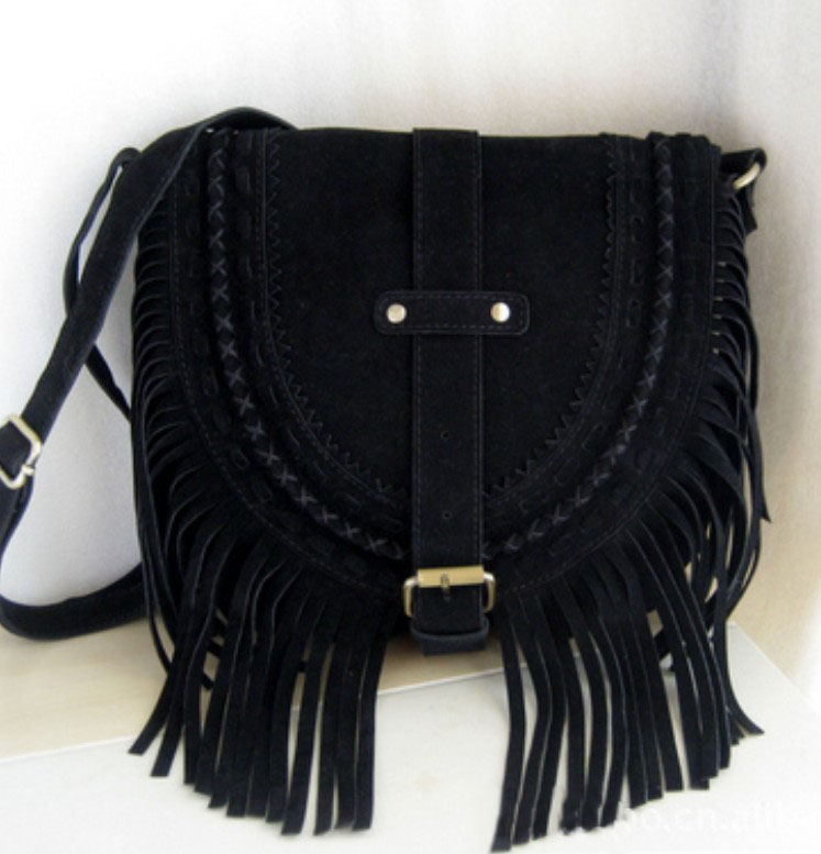Suede fringe diagonal across package
