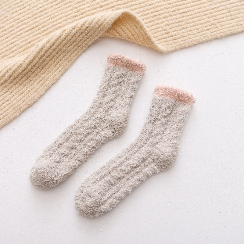 Solid color coral fleece mid-tube women's socks