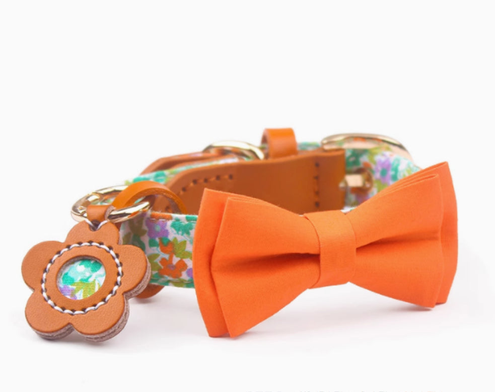 Cowhide Stitching Floral Cotton Pet Dog Collar Hand Holding Rope