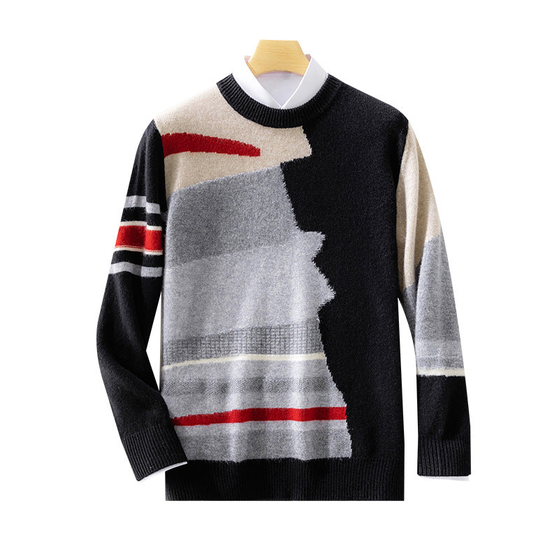 Fall Winter Men Round Neck Contrast Color Style Woolen Sweater