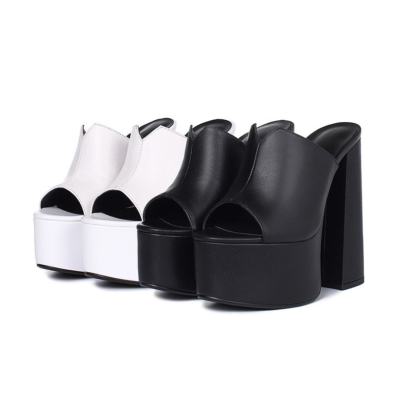 Waterproof Platform Leather Super High Heel Sandals Full Grain Soft First Layer Cowhide