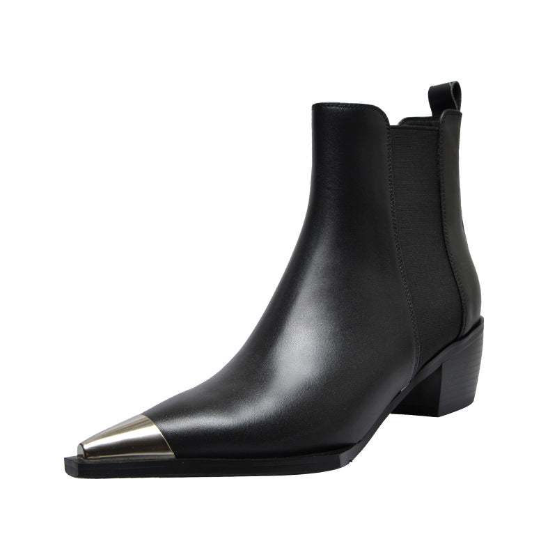 British Style Mid-heeled Single-boot Motorcycle Metal Pointed Toe Thick-heeled Short Boots