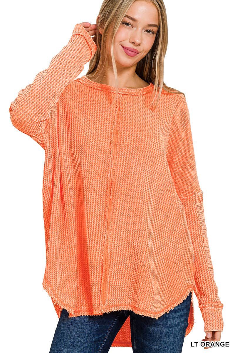 Women's Washed Waffle Back-stitched Long-sleeved Top