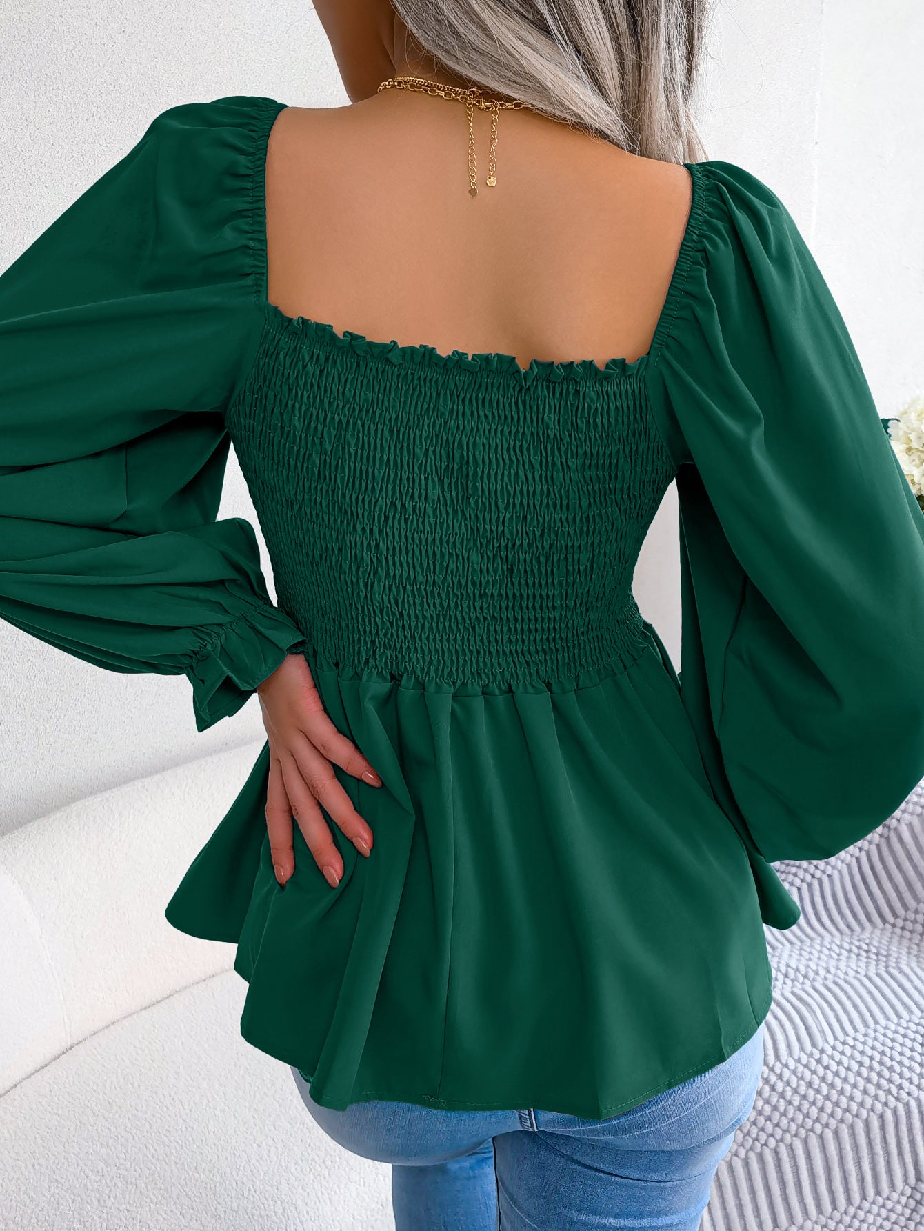 Women's Casual Ruffle Trim Square Neck Long Sleeve Chiffon Top