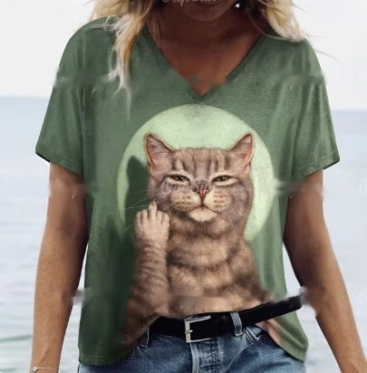 Women's Summer Cat Print Casual Short Sleeve Round Shirt Loose Clothing