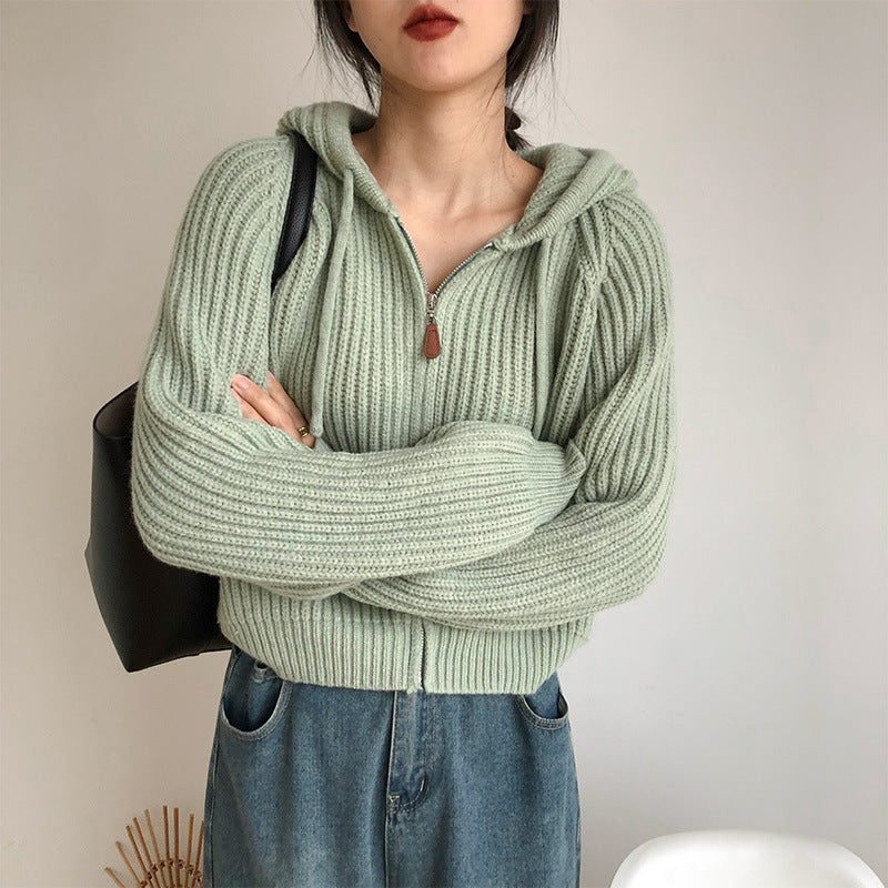 Koreansk kort cardigan med hætte i uld med nedfaldne striber