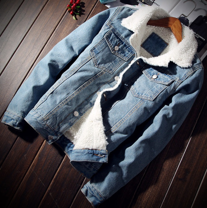 Denim Bomberjakke med Pels Mænd Sort Høj Kvalitet Mode Jeansjakke Fleece Vinter Jeansjakke Herrer Mænd Blå Oversize