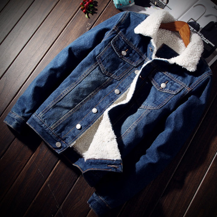 Denim Bomberjakke med Pels Mænd Sort Høj Kvalitet Mode Jeansjakke Fleece Vinter Jeansjakke Herrer Mænd Blå Oversize