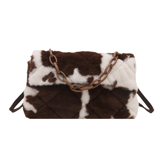 Stylish One-shoulder Envelope Bag With Leopard Print And Fluffy Accents Crossbody Bag