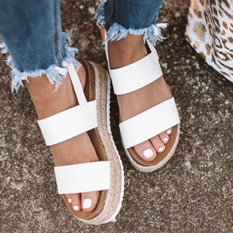 Open-toe flat hemp mid-heel rubber buckle sandals