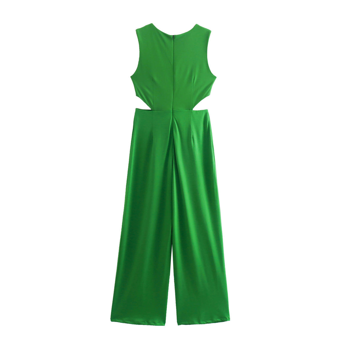 Women's Round Neck Solid Color Knotted Cutout Jumpsuit