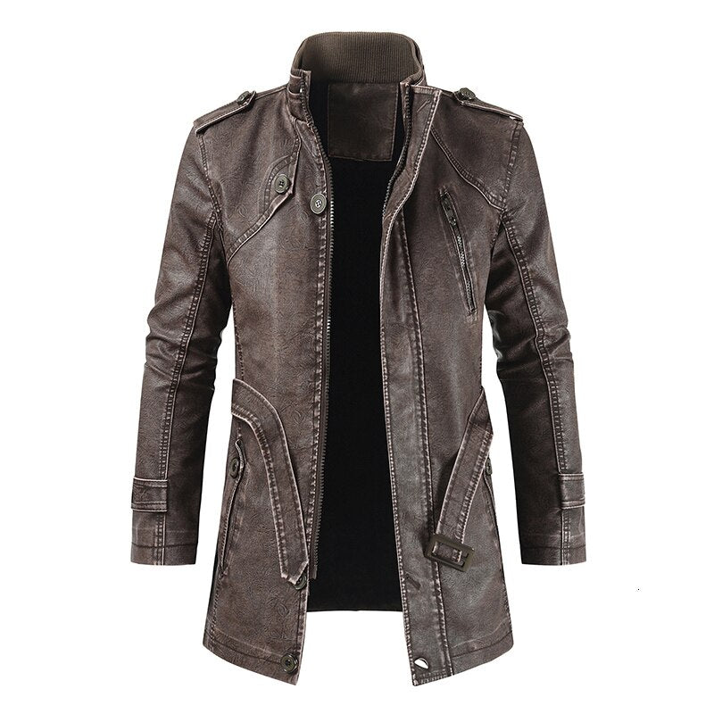 Trendy casual men's mid-length slim-fit cold-proof leather jacket