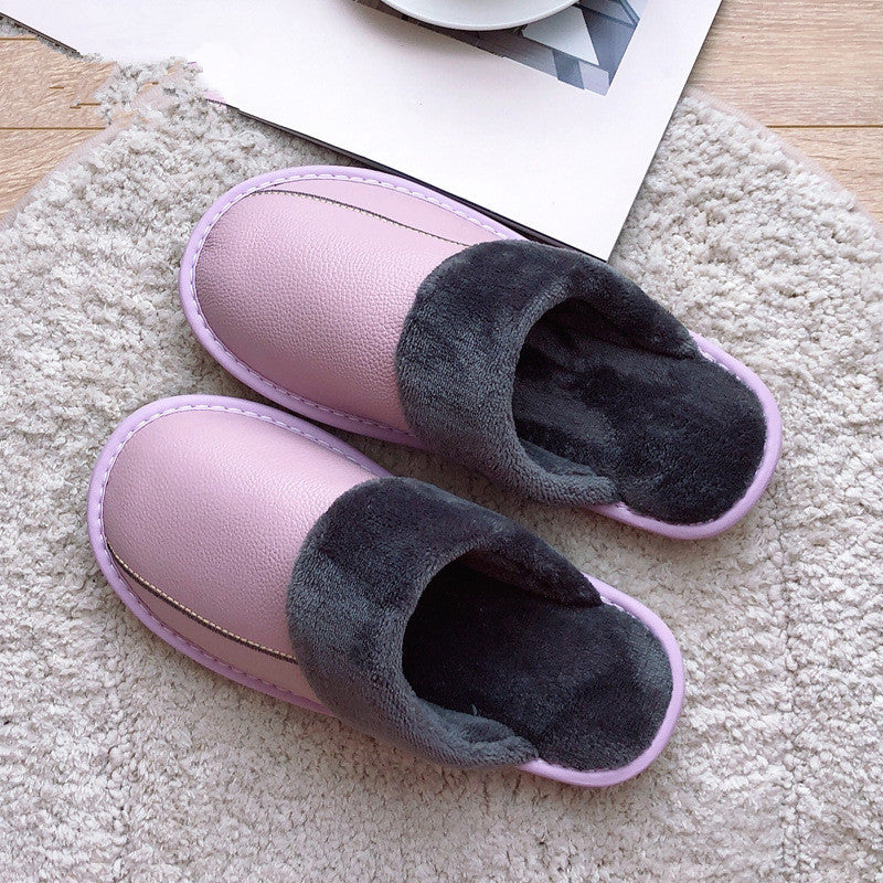 Genuine Leather Surface Cotton Home Waterproof Thick Bottom Plush Warm Slippers