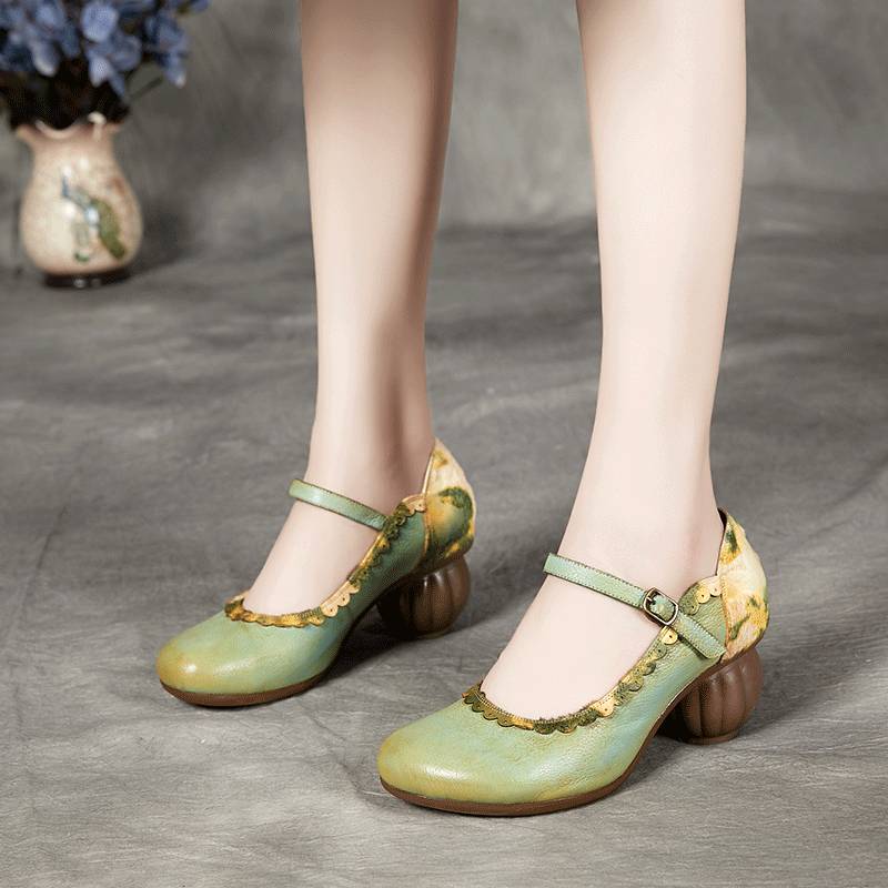 Horseshoe heel round toe leather women's shoes