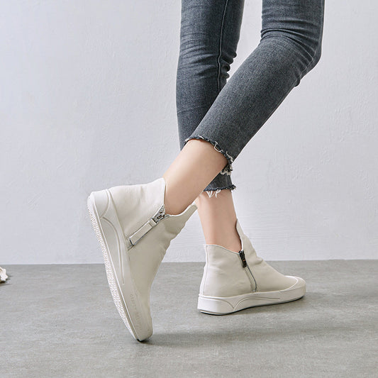 Side Zipper Short Boots Women's Leather Soft Sole High-top Women's Shoes