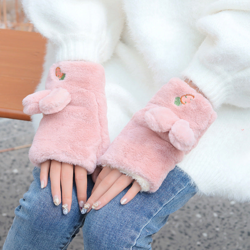 Gloves autumn and winter female cute Japanese fingerless half finger plush