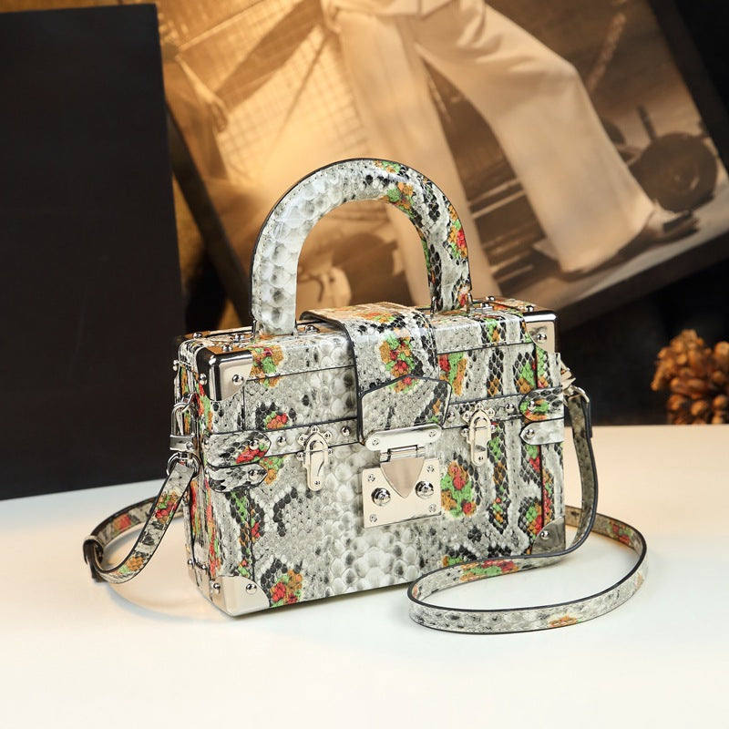 Snakeskin Leather Handheld Box Bag Fashionable Style