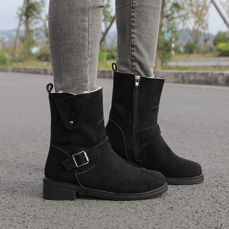 European And American Belt Buckle Flat-Bottomed Comfortable Warm Thin Boots