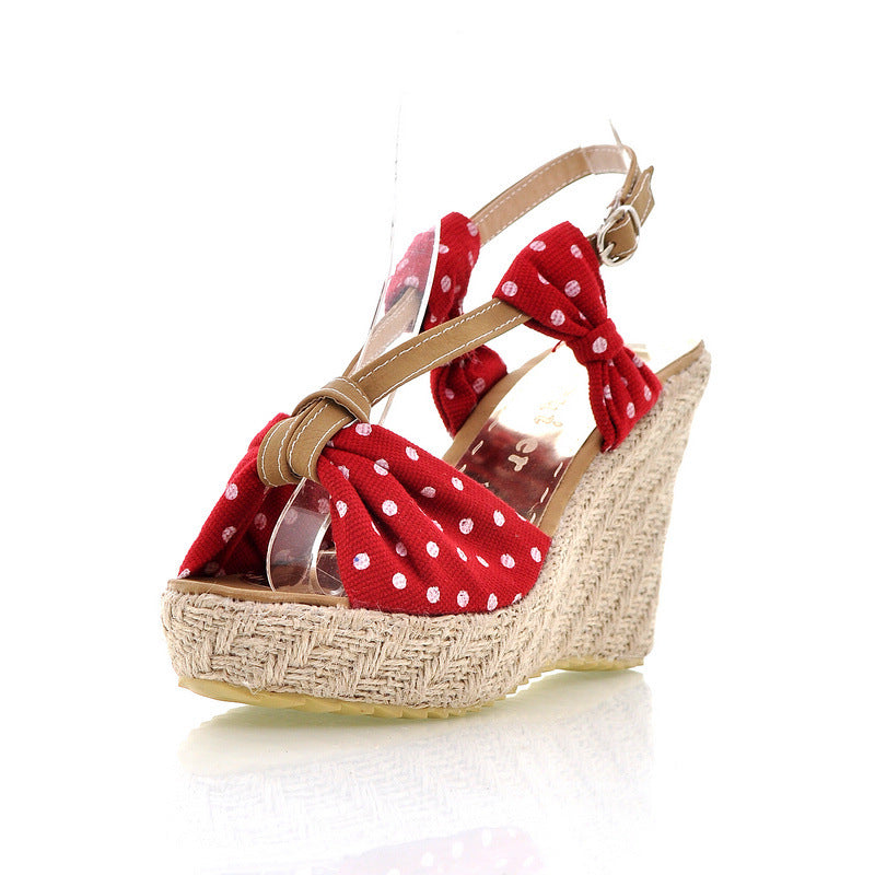 Sweet And Cute Polka-dot Open-toed Platform Hemp Wedging Wedge Sandals