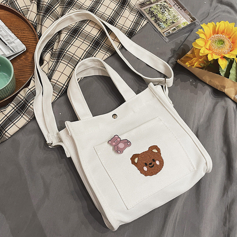 Cute And Funny Personality Embroidery Bear Soft Girl Canvas Messenger Bag