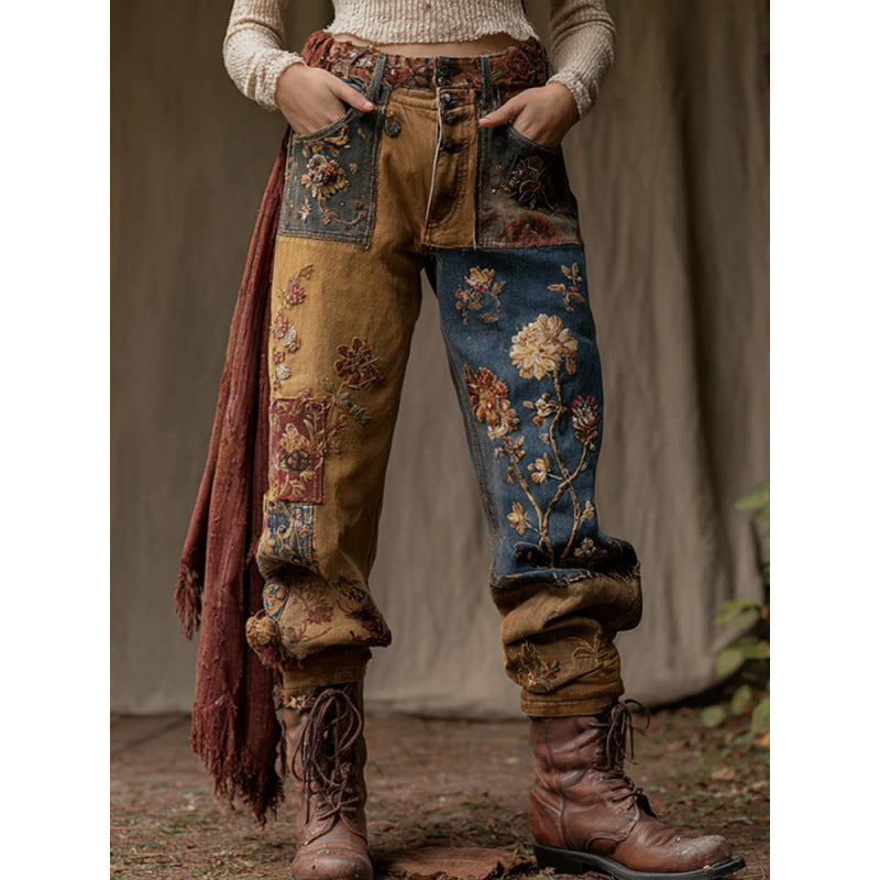 New 3D Heat-transfer Printed Flared Jeans-style Trousers In Faux Denim