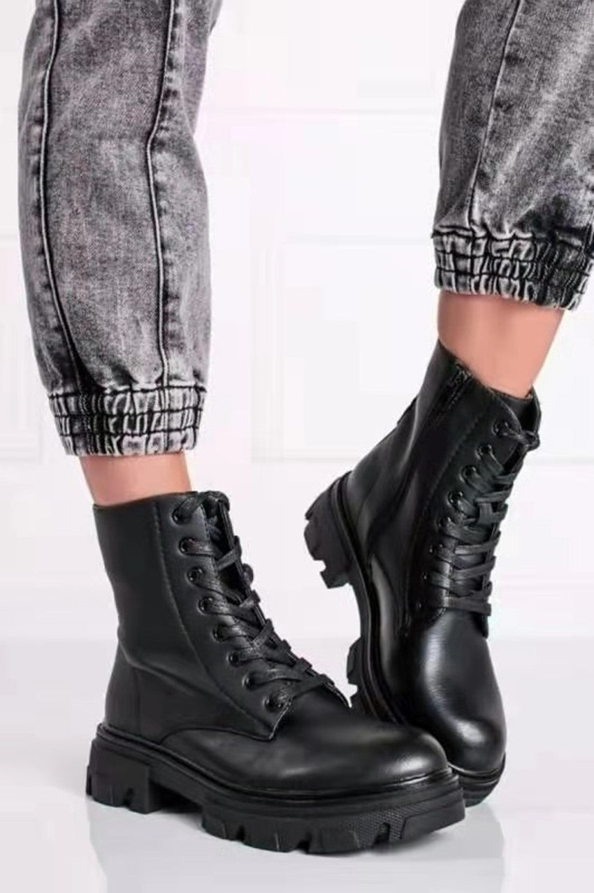 Round Toe Thick-soled Leather Ankle Boots British Style Large Size High-top Women's Boots