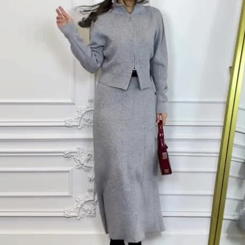 Solid-color Long-sleeve Zip-up Jacket And Skirt Fashion Set