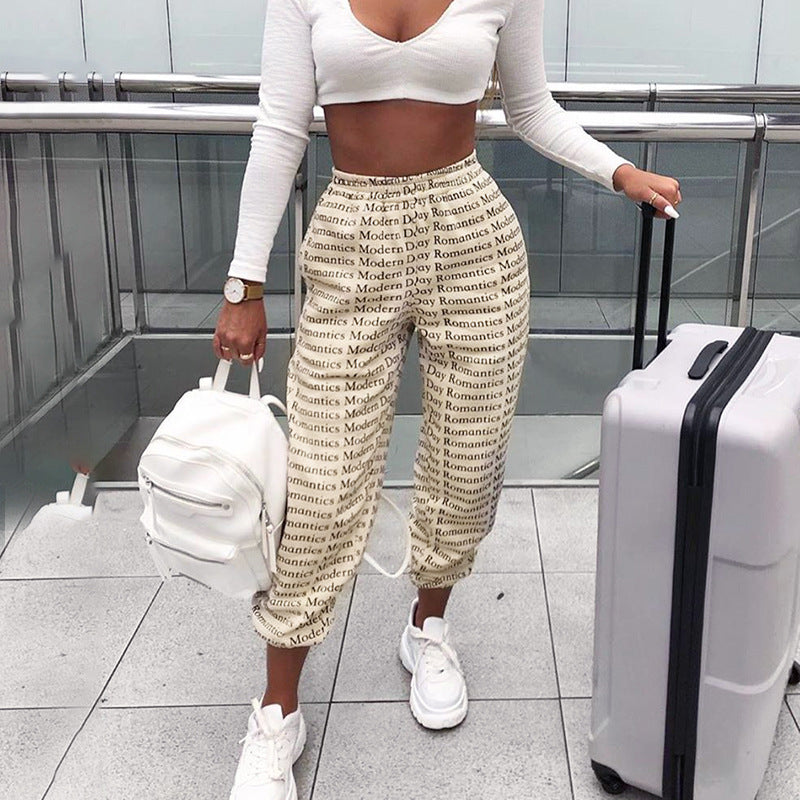 Letter printed hooded jacket casual pants
