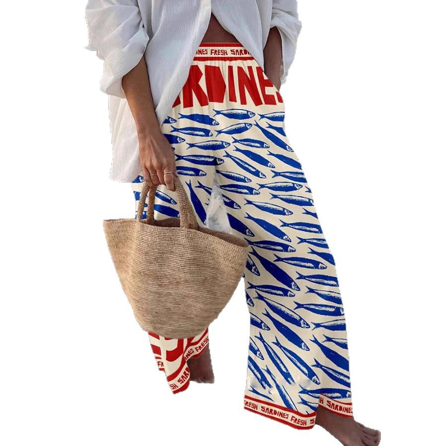 Casual Relaxed-fit Athletic Wide-leg Pants With A Fish-scale Pattern