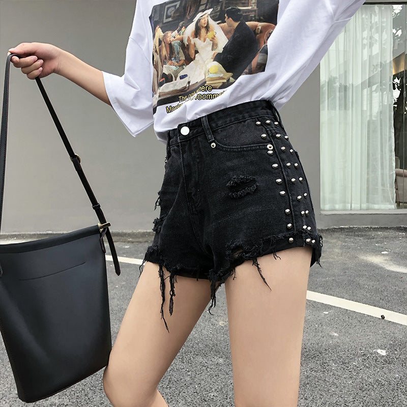 Hem high waist wide leg black shorts