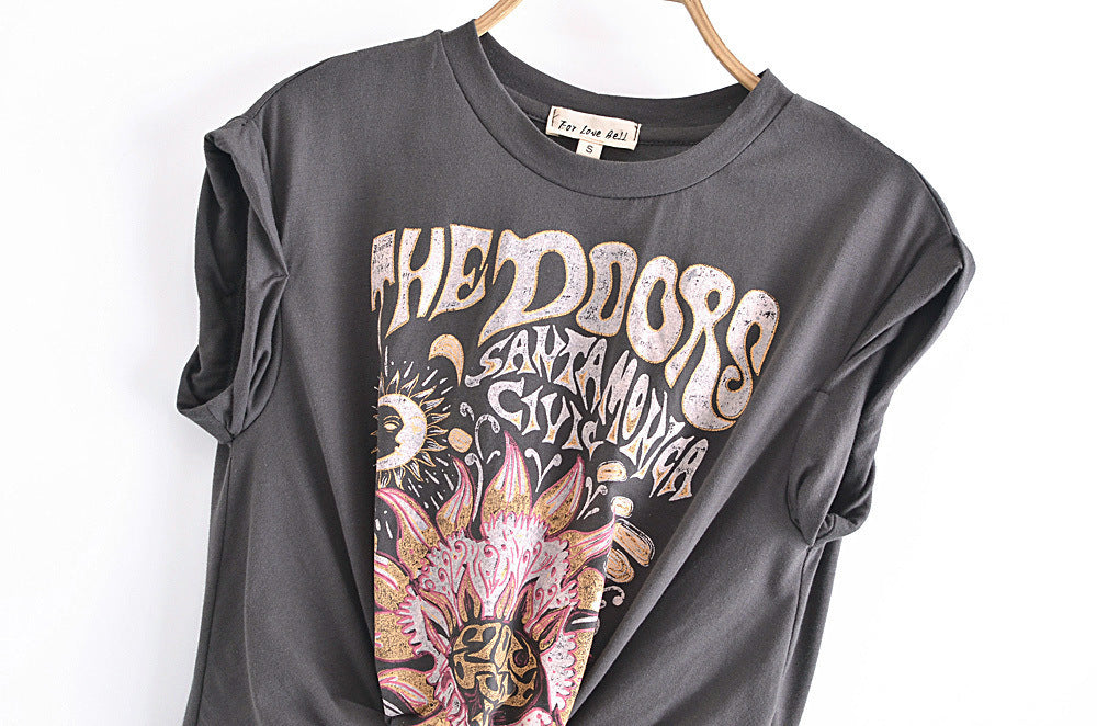 Women's Round Neck Short Sleeve Hem Bow Tie Printed T-shirt