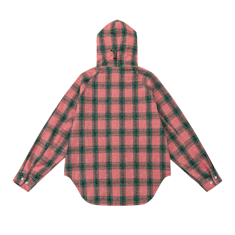European And American Style Plaid Long Sleeve Hooded Shirt Coat