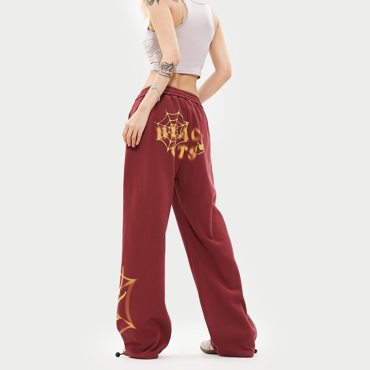 Retro Spider Print Casual Straight Ankle Tied Sports Pants