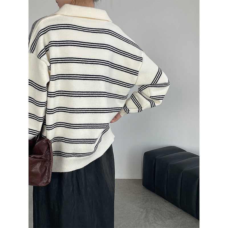 Strikket stribet sweater i koreansk idle-stil med polokrave
