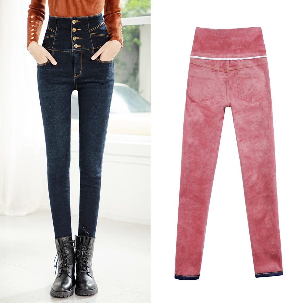 Winter new style velvet thick high-waist jeans