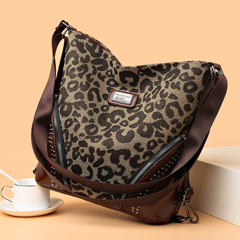 Leopard Print Large Capacity Retro Style Multifunctional Hand Bag