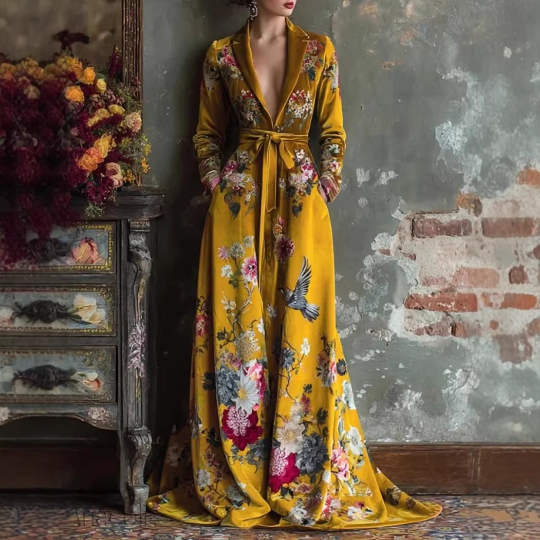 V-neck Long-sleeve Floral Lace-up Maxi Dress