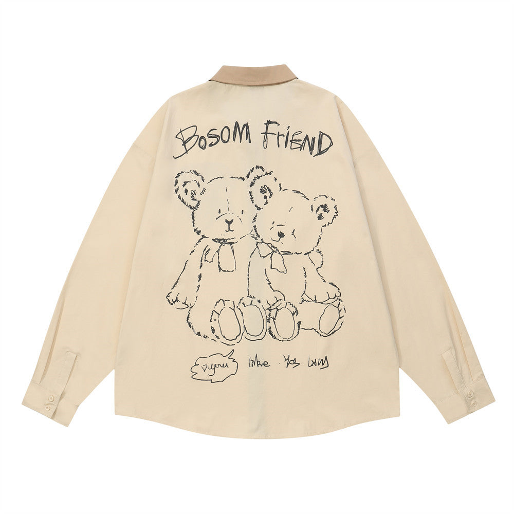 Loose Spring And Autumn Lapel Color Matching American Street Fashion Zipper Shirt