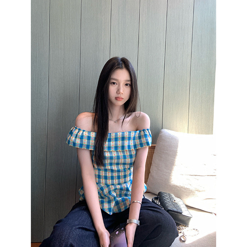 Off-shoulder Blue Checkered Short Sleeve Shirt Women's Summer Short Style