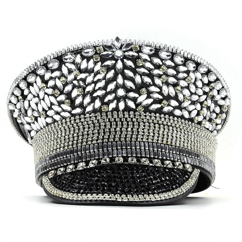 Kvinders Diamant Bryllupshat Sølv Pailletter Diamanter Fotohue Kasket med skygge Flad-top Hat Performance Hat