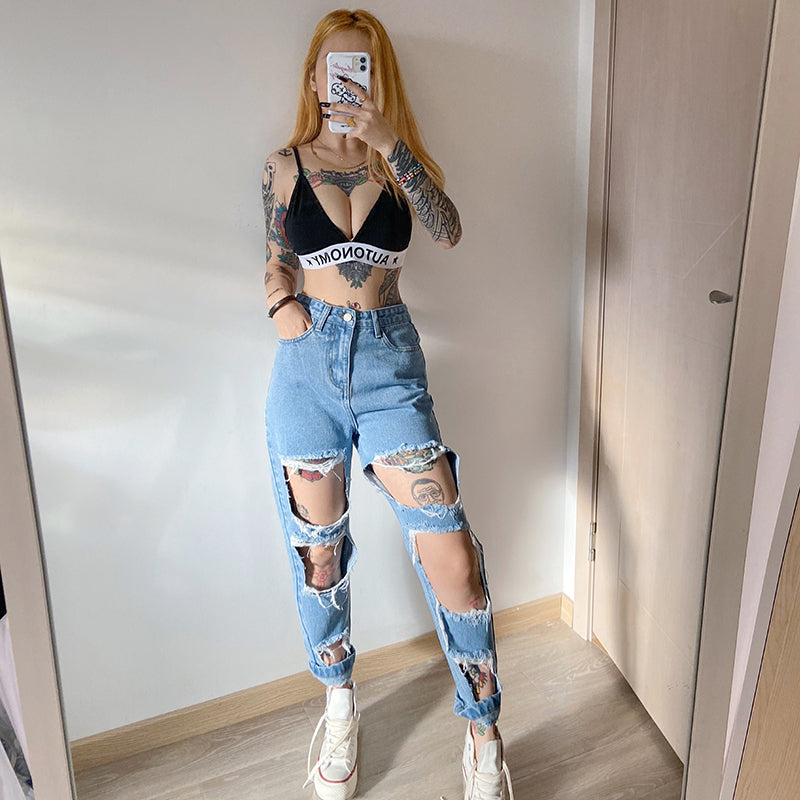 Ripped raw high-rise jeans