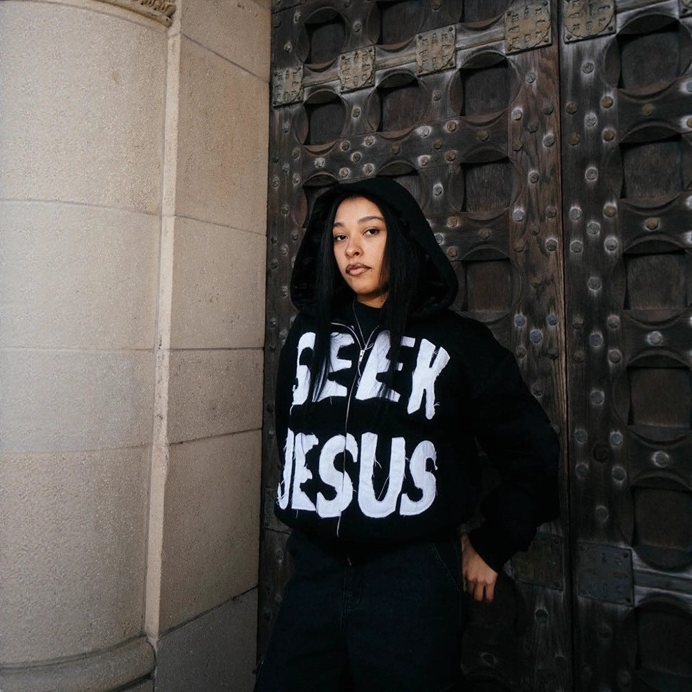 European And American Style Letter Printed Hoodie Zipper Cardigan Loose Hip Hop Sweater